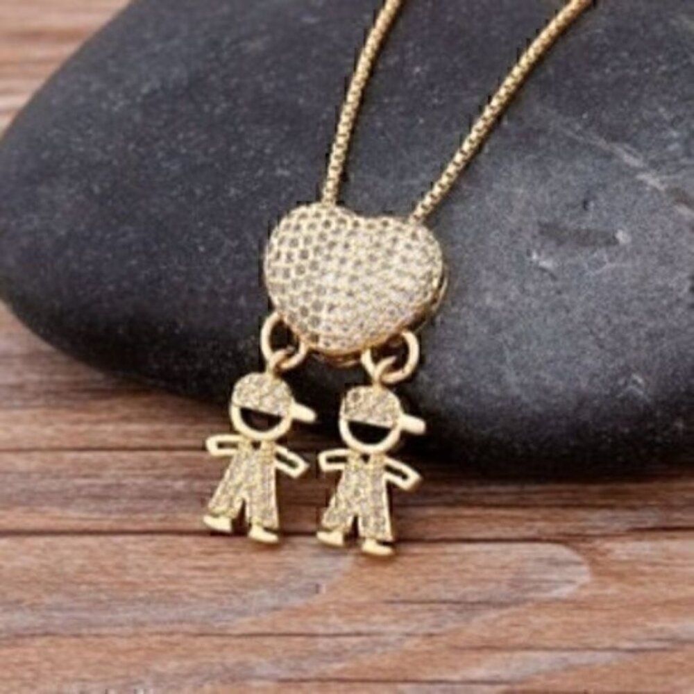 Gold Color Cubic Zirconia Family 2 Boys Pendant Necklace Copper Chain Jewelry